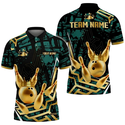 Golden Pins And Ball Custom Mens Bowling Polo Shirt, Custom Team Bowling Shirts BZ0752