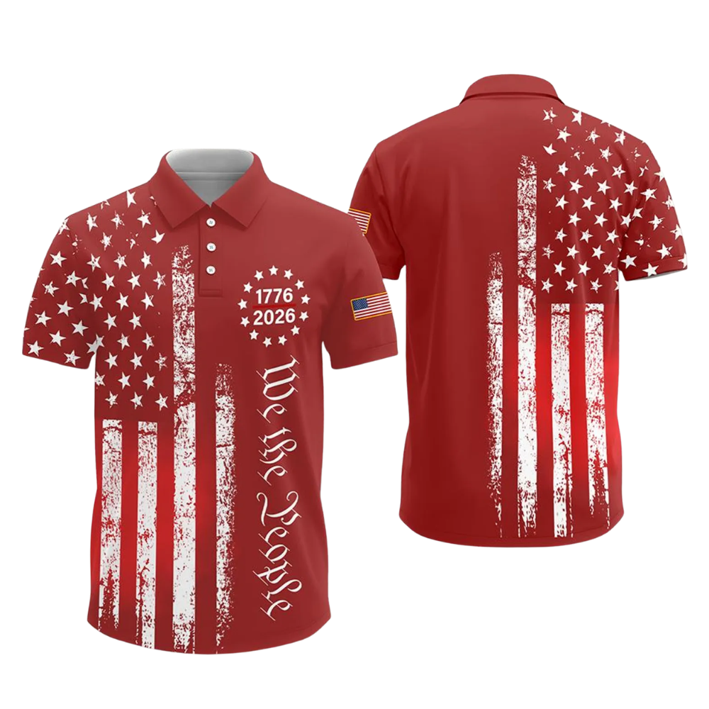 We The People 1776-2026 American Flag Men's Black Golf Polo Shirt, 4th Of July Golf Shirts GE0438