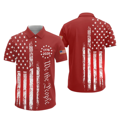 We The People 1776-2026 American Flag Men's Black Golf Polo Shirt, 4th Of July Golf Shirts GE0438
