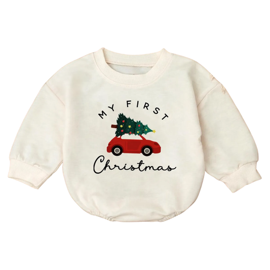 My First Christmas Red Car Christmas Tree Baby Romper Sweatshirt, First Christmas Baby Romper Sweatshirt BB0094