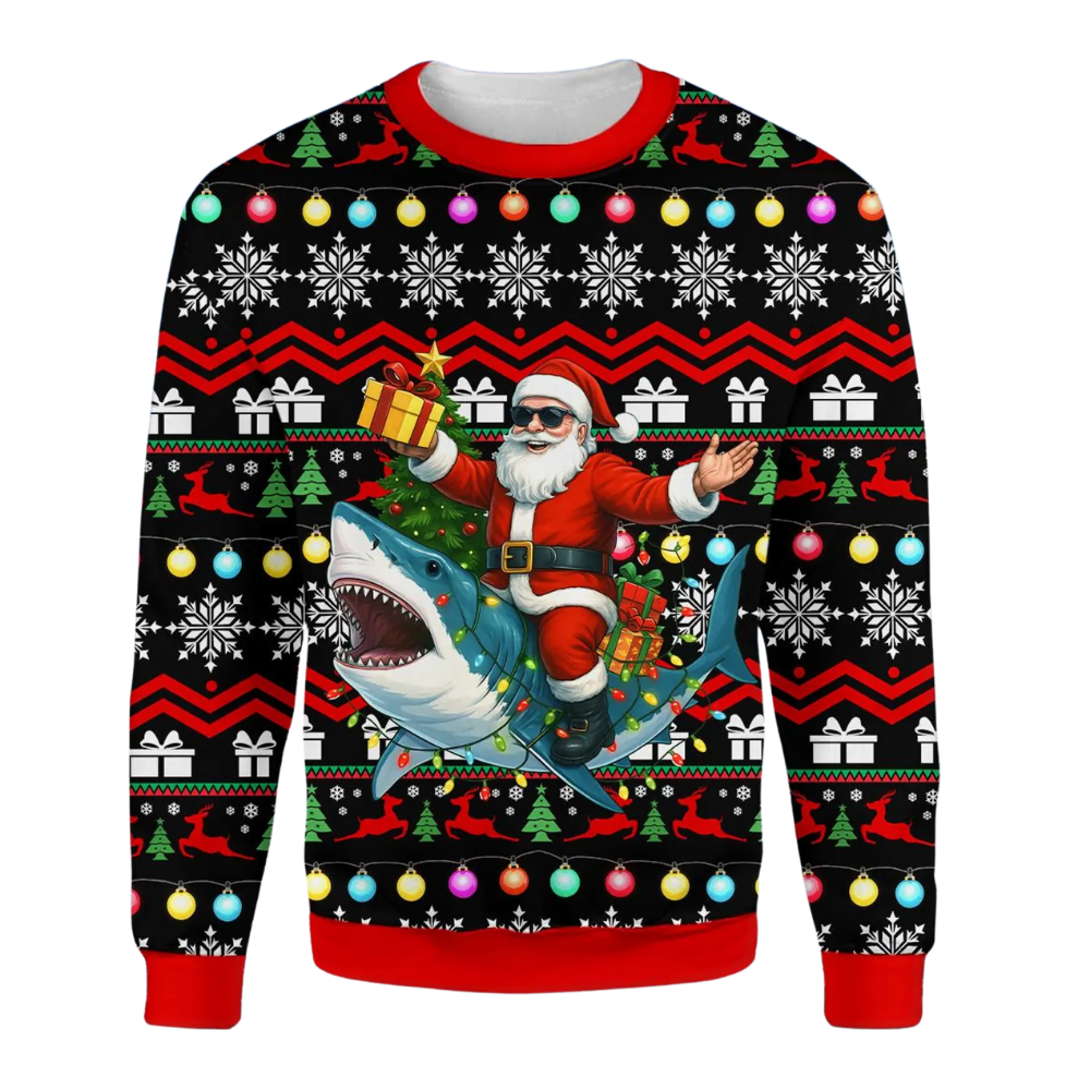 Shark And Santa Ugly Christmas Sweatshirt 3D Printed, Shark Lover Christmas Sweater 2D1246