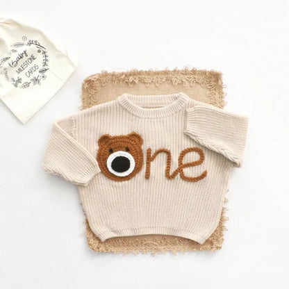 Beary One 1st Birthday Baby Embroidered Knit Sweater, Bear First Birthday Baby Sweatshirt BB0757