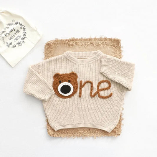 Beary One 1st Birthday Baby Embroidered Knit Sweater, Bear First Birthday Baby Sweatshirt BB0757