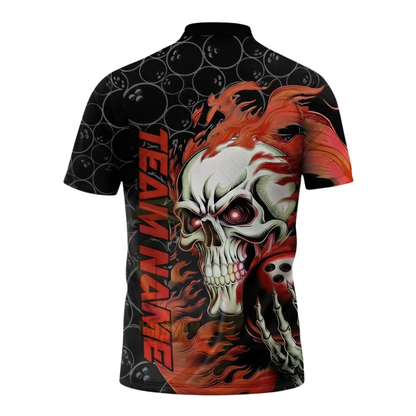 Custom Skull Mens Black Red Bowling Polo Shirt, Custom Skull Flame Bowling Shirts Team BZ0597
