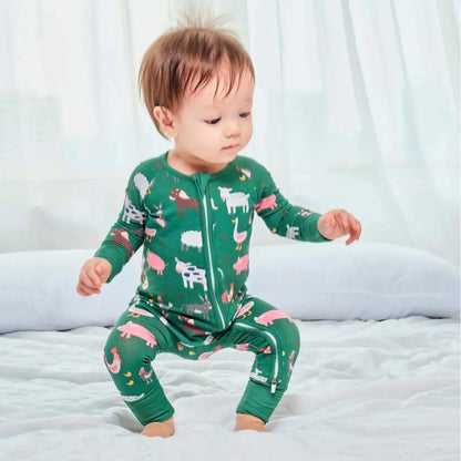 Farm Animal Green Baby Convertible Zipper Romper, Animal Farm Baby Romper Convertible BB0659