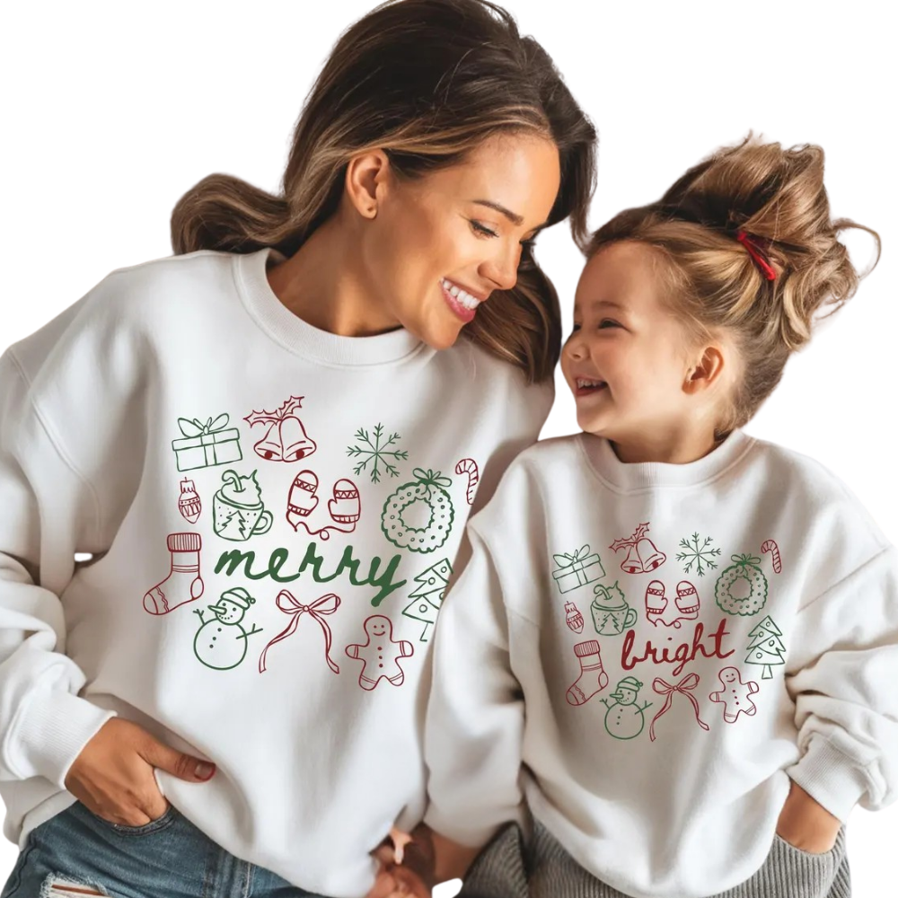 Merry And Bright Matching Christmas Sweatshirt For Mom Daughter, Family Christmas Sweatshirts ET1556