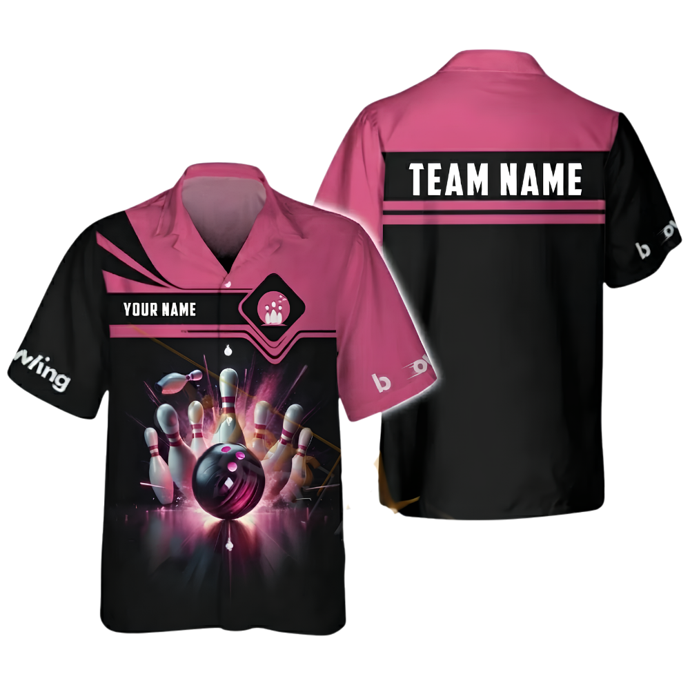 Custom Team Black Pink Lightning Bowling Hawaiian Shirt For Men Women, Custom Team Bowling Shirts BZ0530