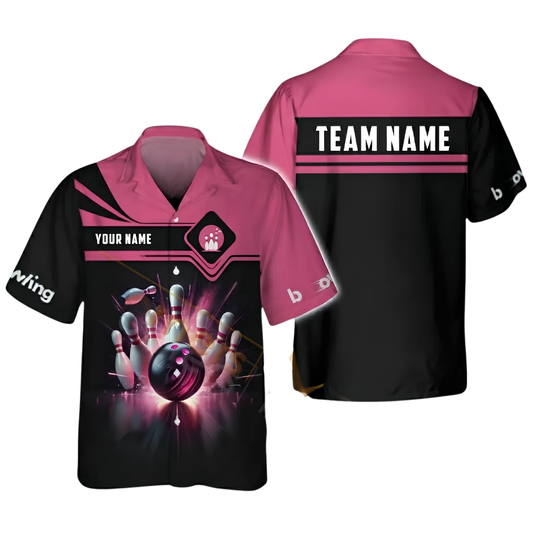 Custom Team Black Pink Lightning Bowling Hawaiian Shirt For Men Women, Custom Team Bowling Shirts BZ0530