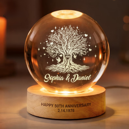 Tree Of Love Custom 50th Wedding Anniversary Crystal Ball Led Night Light, Custom Golden Wedding Keepsake Night Light WD0866