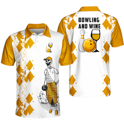 Bowling And Wine That's Why I'm Here Custom Skeleton Argyle Yellow Bowling Polo Shirt Men, Custom Wine Bowling Team Shirt BZ0470