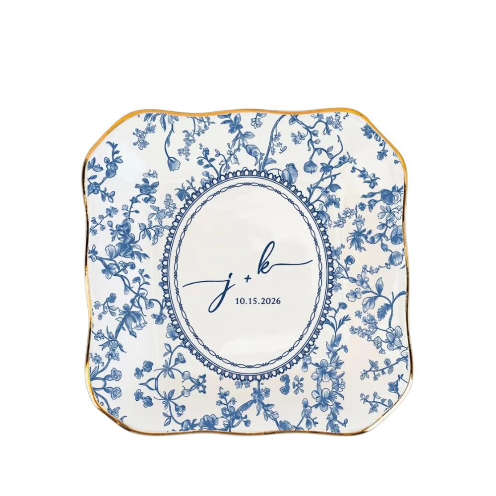 Custom Couple Initials And Date Jewelry Dish Toile De Jouy, Personalized Engagement Ring Dish WD0278