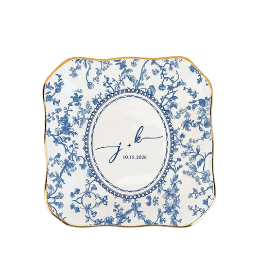 Custom Couple Initials And Date Jewelry Dish Toile De Jouy, Personalized Engagement Ring Dish WD0278