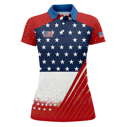 Red White Blue American Flag Women's Golf Polo Shirt, Patriotic 4th Of July Golf Shirt Women GZ0313
