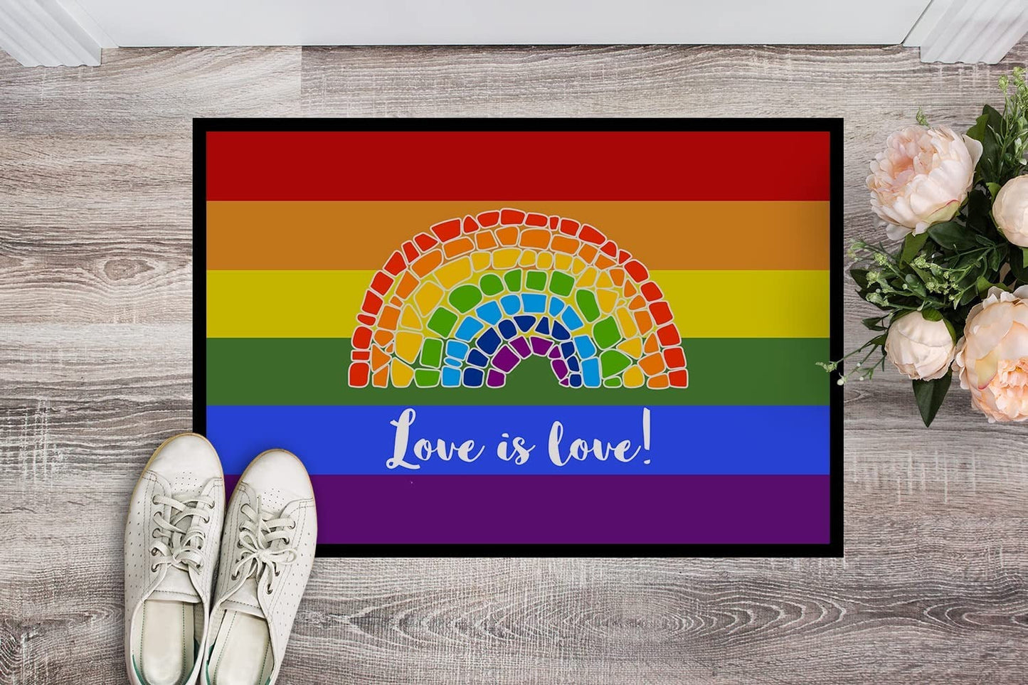 Gay Pride Love Is Love Mosaic Rainbow Door Mat, Indoor Rug Or Outdoor Welcome Pride Mat LO1354