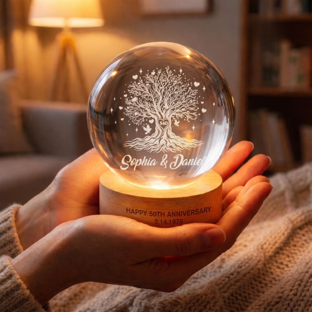 Tree Of Love Custom 50th Wedding Anniversary Crystal Ball Led Night Light, Custom Golden Wedding Keepsake Night Light WD0866