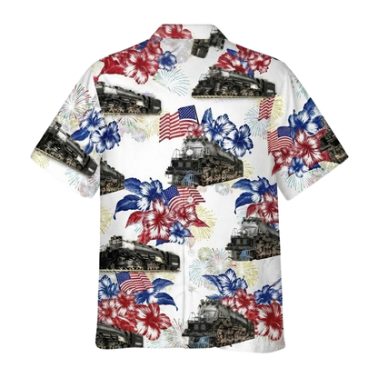 Steam Train USA Flag Floral Hawaiian Shirt For Men Women, Tropical Steam Train Hawaiian Shirts HE0542