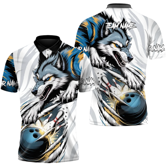 Custom Wolf Men's Blue White Bowling Polo Shirt, Custom Wolf Bowling Shirt For Team BZ0800