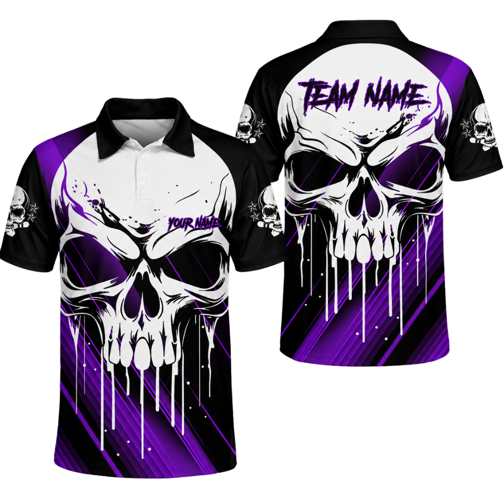 Custom Skull Men's Black Blue Bowling Polo Shirt, Custom Team Skull Bowling Shirts BZ0469