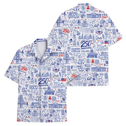 250th Anniversary America Blue White Hawaiian Shirt Men Women, 4th Of July Hawaiian Shirts HE0278