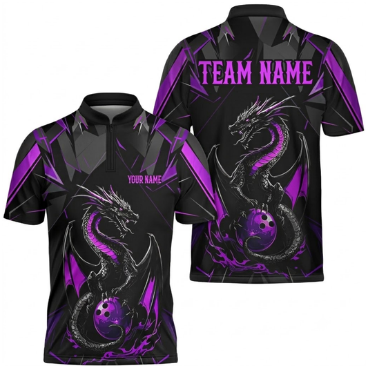 Custom Mens Dragon Bowling Jersey Black ANd Purple, Custom Dragon Bowling Team Shirts BZ0496