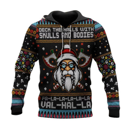 Viking Christmas Ugly Hoodie Deck The Halls With Skull And Bodies, Funny Viking Xmas Hoodies 2D1112