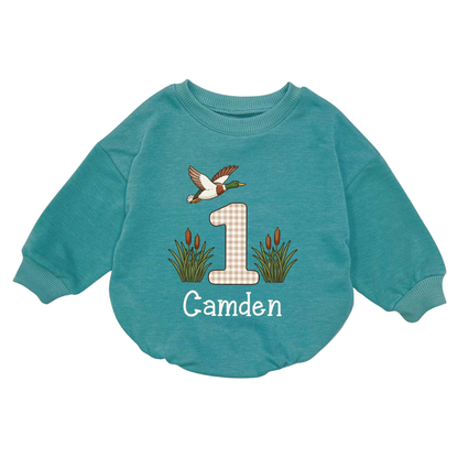 Custom One Mallard Duck Baby Romper Sweatshirt, Custom First Birthday Mallard Duck Baby Romper Sweatshirt BB0852