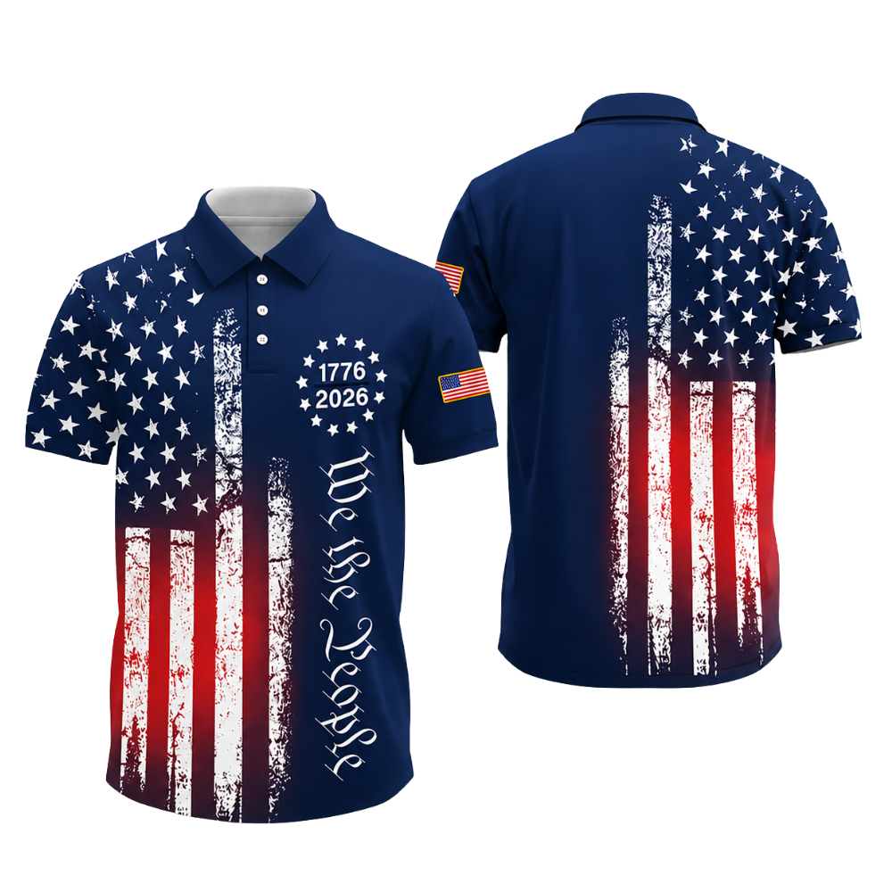 We The People 1776-2026 American Flag Men's Black Golf Polo Shirt, 4th Of July Golf Shirts GE0438
