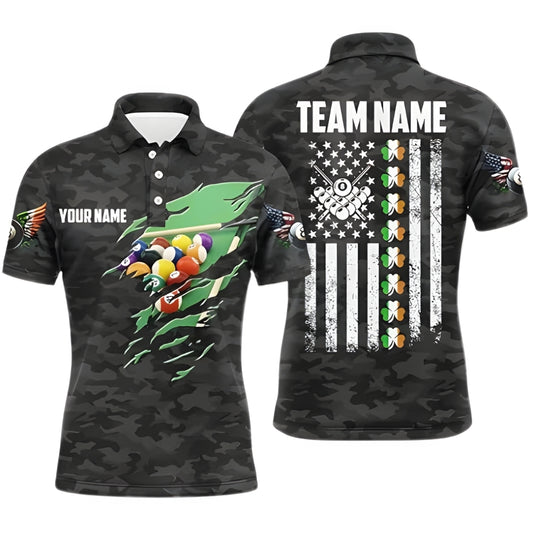 Custom Shamrock Camouflage Billiard Polo Shirt For Mens, Custom St Patrick Day Billiard Team Shirts BIZ0241