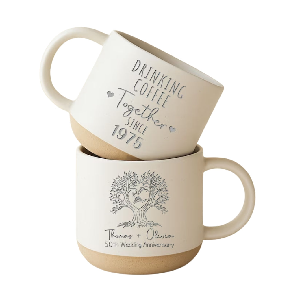 Drinking Coffee Together Personalized 50th Golden Wedding Anniversary Pottery Mug, Custom 50th Anniversary Coffee Mug WD0063