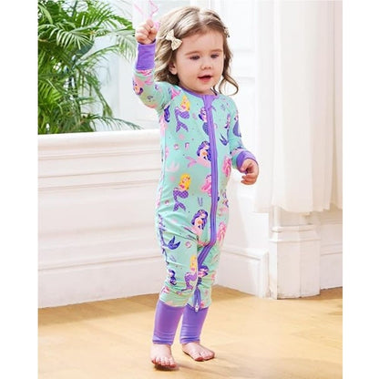Mermaid Blue Baby Girl Convertible Zip Romper, Mermaid Convertible Romper For Baby BB0377