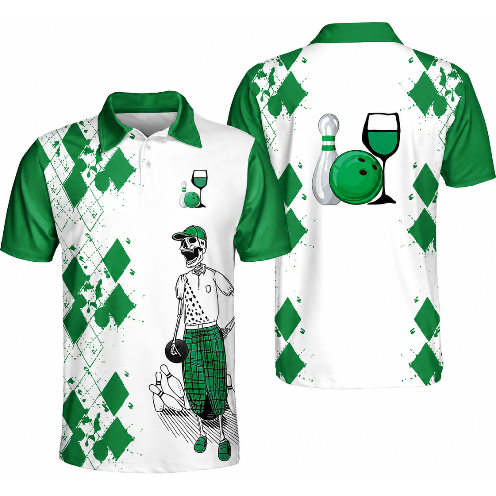 Bowling And Wine That's Why I'm Here Custom Skeleton Argyle Yellow Bowling Polo Shirt Men, Custom Wine Bowling Team Shirt BZ0470
