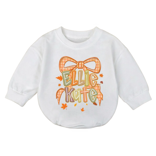 Personalized Thanksgiving Bow Baby Romper Sweatshirt, Custom Baby Name Romper Swearshirt For Thanksgiving BB0749