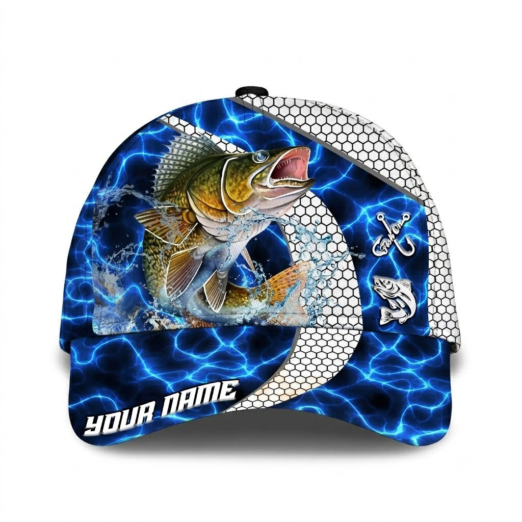 Walleye Fish Custom Blue Lightning Baseball Cap 3D Printed, Personalized Fishing Lover Hat CP0727