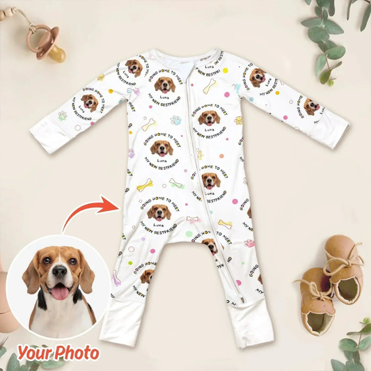 Going Home To Meet My New Bestfriend Custom Dog Face Baby Convertible Zippy Romper, Custom Pet Photo Baby Romper Convertible BB0908
