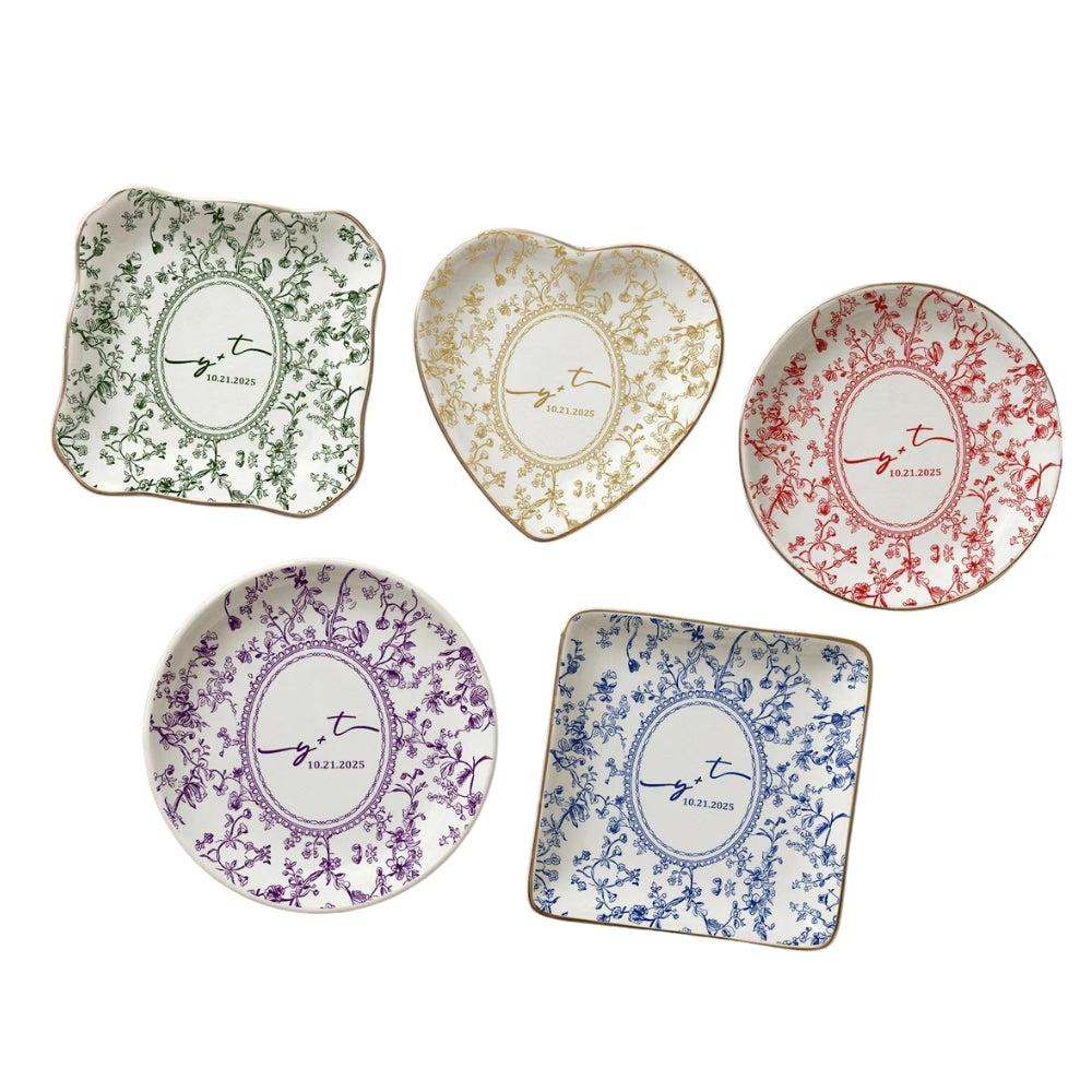Custom Couple Initials And Date Jewelry Dish Toile De Jouy, Personalized Engagement Ring Dish WD0278