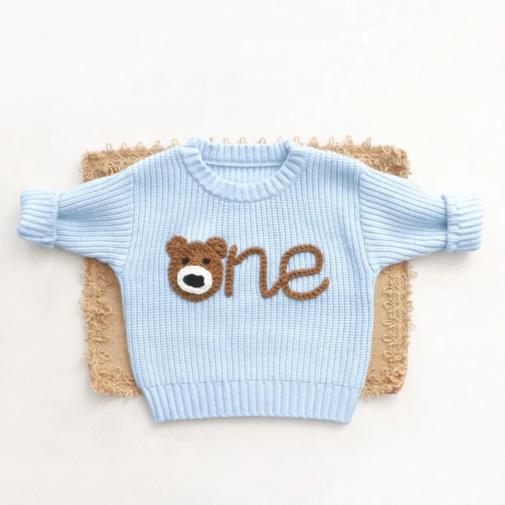 Beary One 1st Birthday Baby Embroidered Knit Sweater, Bear First Birthday Baby Sweatshirt BB0757
