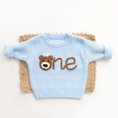 Beary One 1st Birthday Baby Embroidered Knit Sweater, Bear First Birthday Baby Sweatshirt BB0757