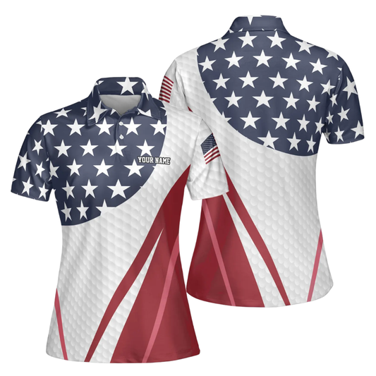 Red White And Blue American Flag Women's Custom Golf Polo Shirt, Custom Patriotic 4th Of July Golf Shirt For Ladies GE0453