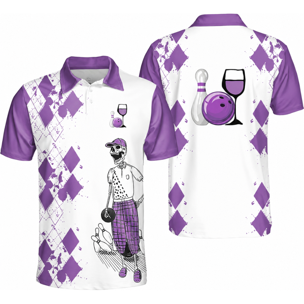 Bowling And Wine That's Why I'm Here Custom Skeleton Argyle Yellow Bowling Polo Shirt Men, Custom Wine Bowling Team Shirt BZ0470