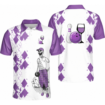 Bowling And Wine That's Why I'm Here Custom Skeleton Argyle Yellow Bowling Polo Shirt Men, Custom Wine Bowling Team Shirt BZ0470
