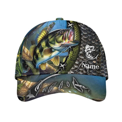 Custom Name Bass Fishing 3D Baseball Caps, Custom Fishing Hats Caps CP0082