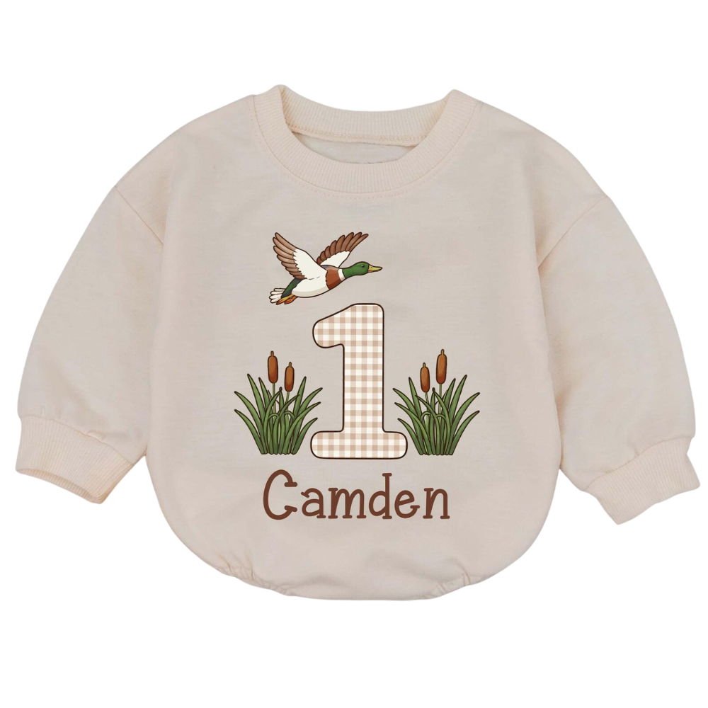 Custom One Mallard Duck Baby Romper Sweatshirt, Custom First Birthday Mallard Duck Baby Romper Sweatshirt BB0852