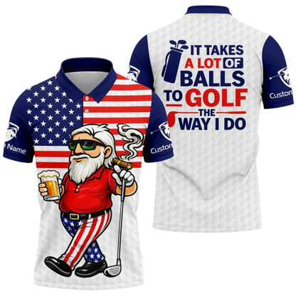 It Takes A Lot Of Balls To Golf The Way I Do Custom Old Man USA Flag Golf Mens Polo Shirt, Custom Funny Patriotic Golf Shirts GZ0314
