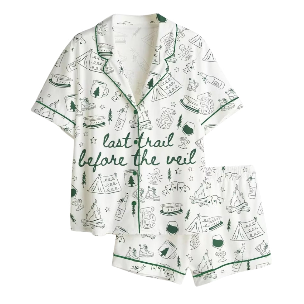 Last Trail Before The Veil Camp Bachelorette Pajamas Set, Camp Bachelorette Mountain PJs For Bride Bridesmaid WD0190