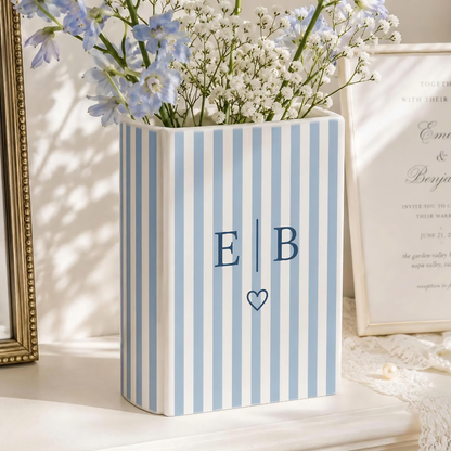 Custom Couple Name Initials Striped Ceramic Book Vase For Wedding Engagement Anniversary, Custom Striped Wedding Book Vase WD0572