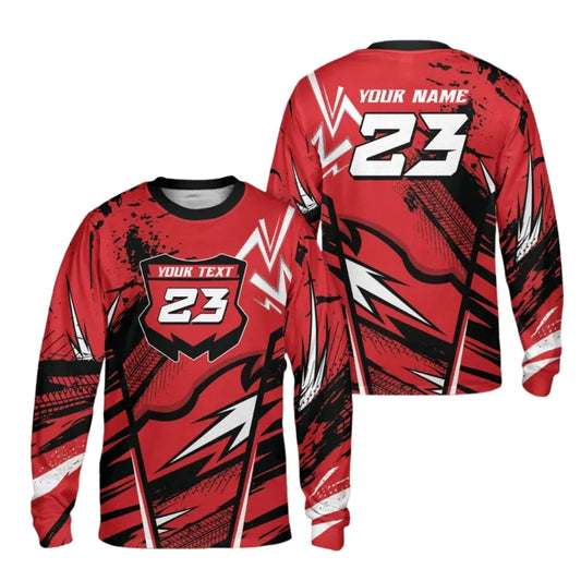 Custom Grunge Red Racing Dirt Bike Long Sleeve For Men, Custom Number Dirt Bike Jerseys ME0032