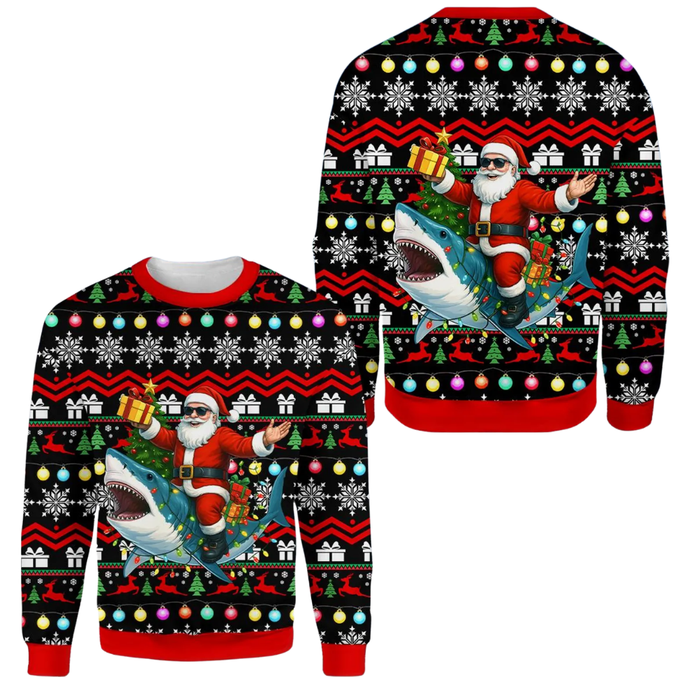 Shark And Santa Ugly Christmas Sweatshirt 3D Printed, Shark Lover Christmas Sweater 2D1246