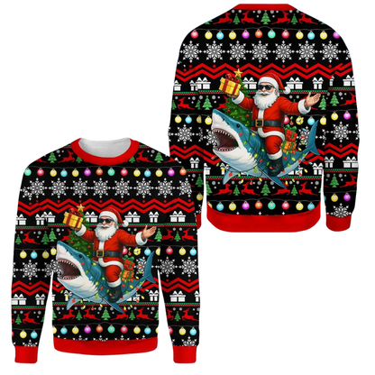 Shark And Santa Ugly Christmas Sweatshirt 3D Printed, Shark Lover Christmas Sweater 2D1246