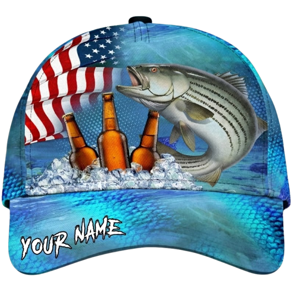 Custom Bass Fishing American FLag And Beer Baseball Cap, Custom Fishing Beer Lover Hats CP0568