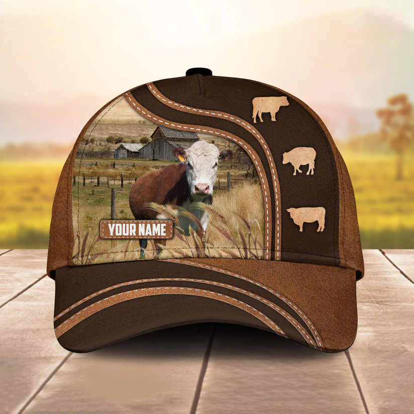 Hereford Leather Brown Pattern Customized Name Cap CA0145